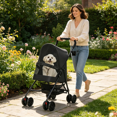 4 Wheels Pet Stroller, Foldable Dog Stroller Cart With Mesh Mesh Ventilation And Cup Holder