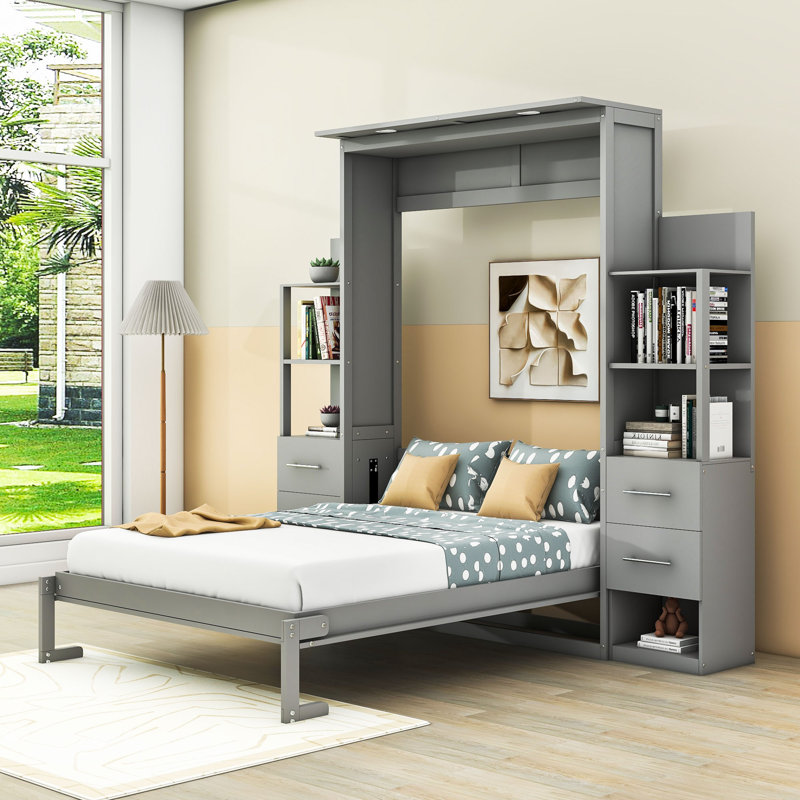 Joean Multi-Function Murphy Bed with Shelves, Drawers, and LED Lights, Gray, Full