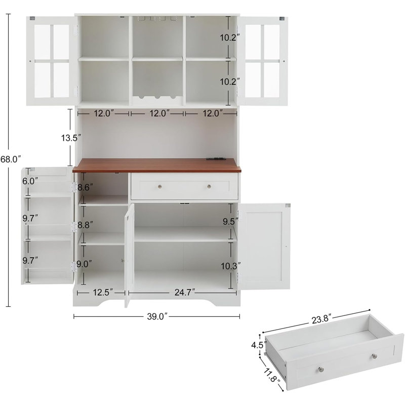 Armoire de rangement pour garde-manger 68 "avec station de charge et support pour micro-ondes, Blanc