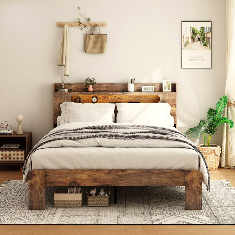 Très grande base de lit en bois avec tête de lit à DEL avec rangement et 2 fonctions silencieuses, sans sommier, temps d'assemblage rapide, grande tête de lit avec espace, ports, fonctionnement silencieux, facile