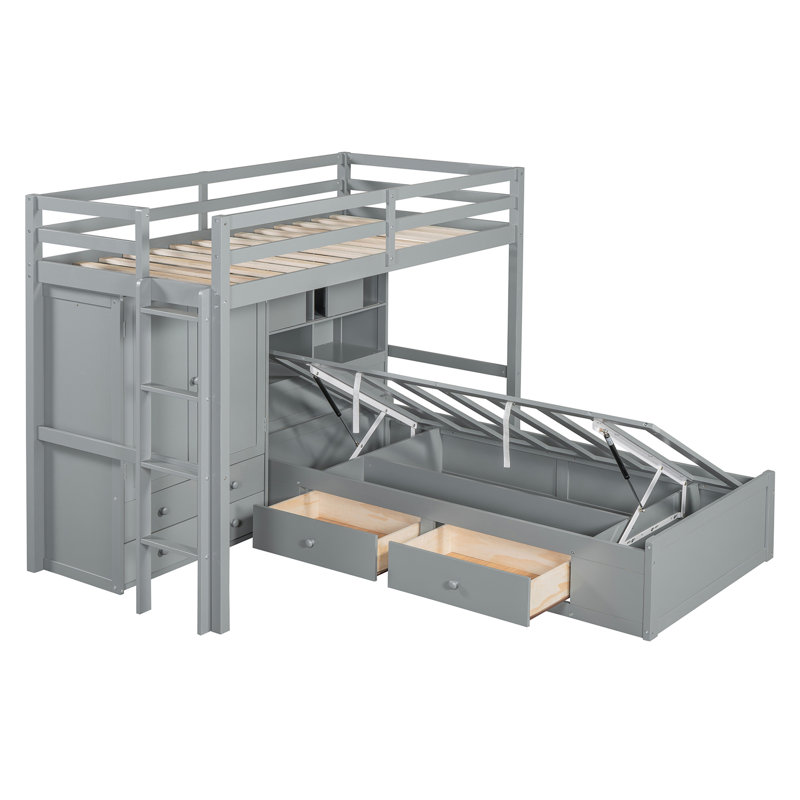 Lit superposé simple avec tiroirs, garde-robe, tablettes de rangement et lit hydraulique, gris