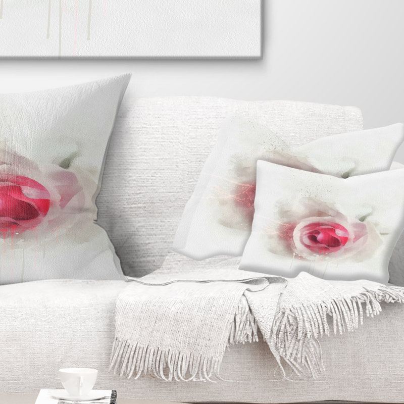 Coussin décoratif à imprimé floral - Rose blanche avec pétales roses