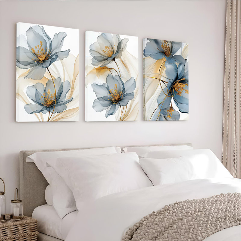 «Blue Floral Abstract», reproduction d'art sur toile tendue sur toile (ensemble de 3), H 36 po x l 72 po