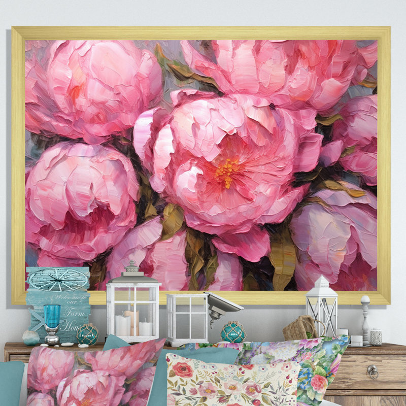 Pivoine rose I - art mural floral, Cadre photo doré simple, H 30 po x l 40 po x P 1,5 po
