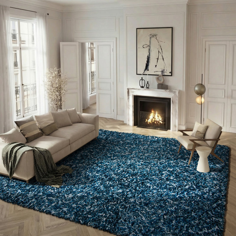 Tapis bleu marine / ivoire tissé à la main Poisson, Carré 6 pi