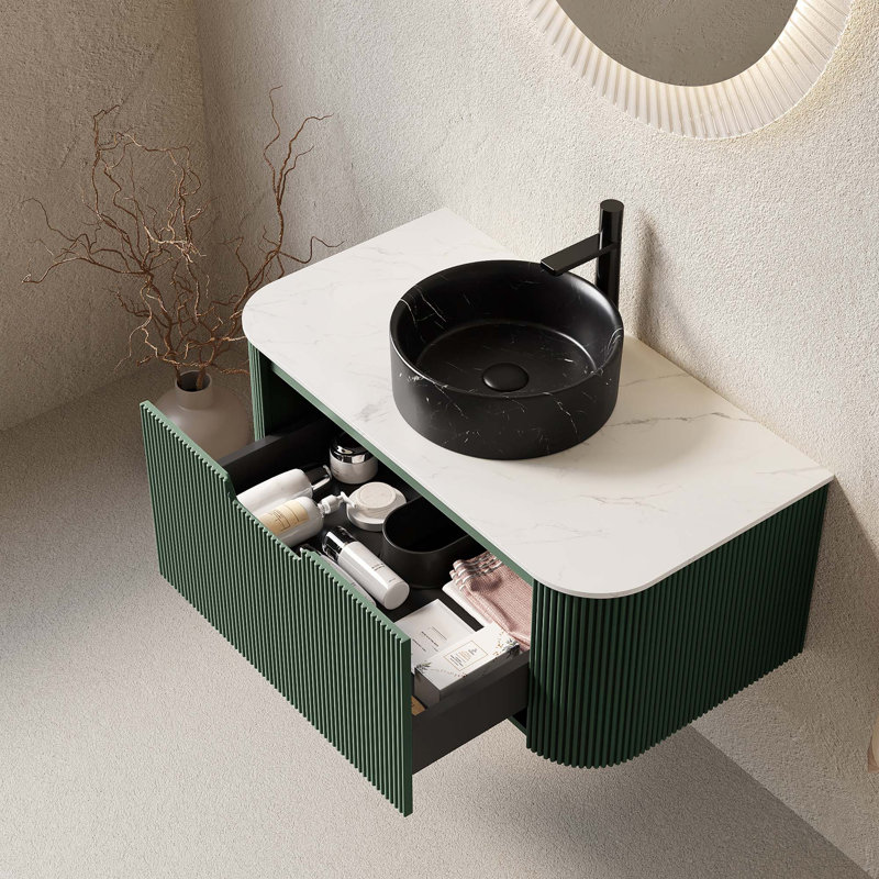 Meuble-lavabo flottant avec rebords courbés et armoire de rangement rayée, 36" W