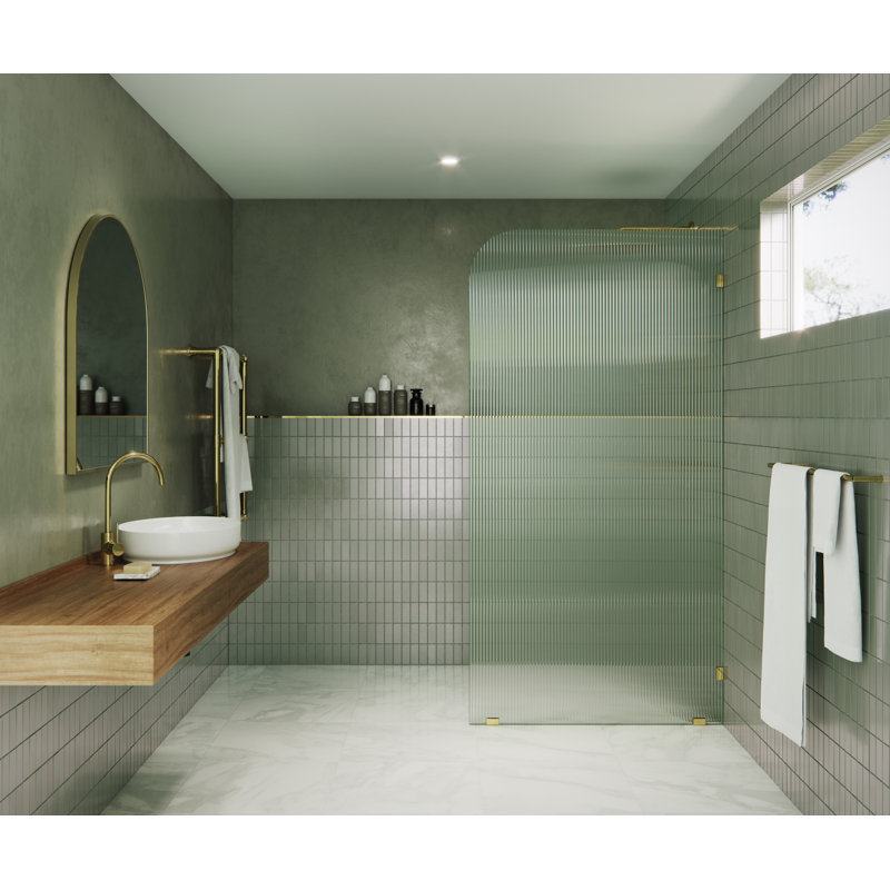 Aurora 40 in. x 78 in. Fully Frameless Fluted Radius Single Fixed Shower Panel, Right, Polished Brass
