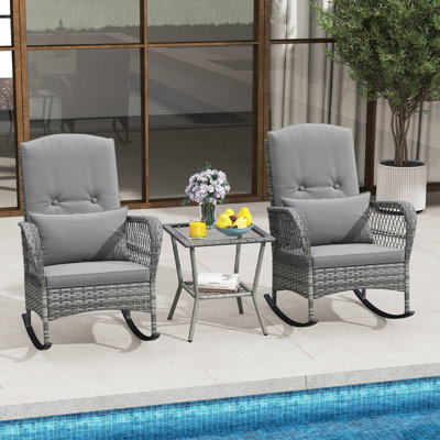 3-Piece Outdoor Rocking Chair Set Hand-Woven PE Rattan Chairs-Grey