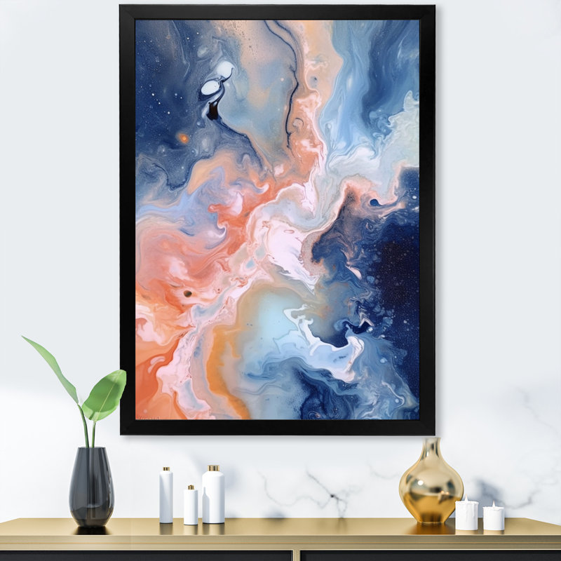 Nuage de marbre bleu et beige VI - impression, Cadre simple noir, H 44 po x l 34 po x P 1,5 po