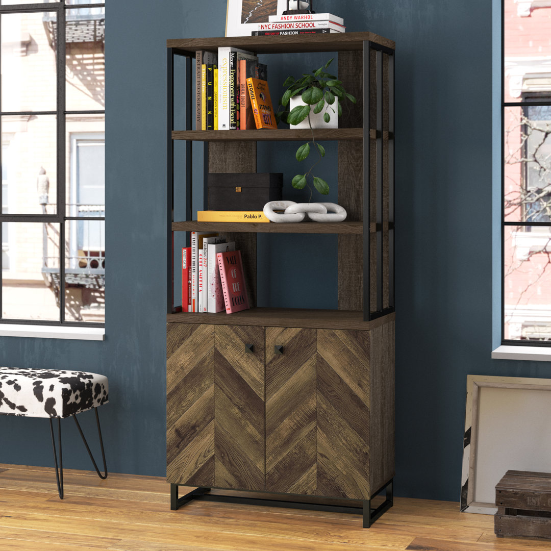 Lomba Wooden Bookcase with 3 Tier Shelves and 2 Doors, Brown Steelside™