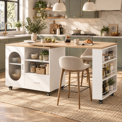 Kitchen Island With Extendable Dining Table, Storage Cabinet, Drawers, Light Oak Top, White Oak Base