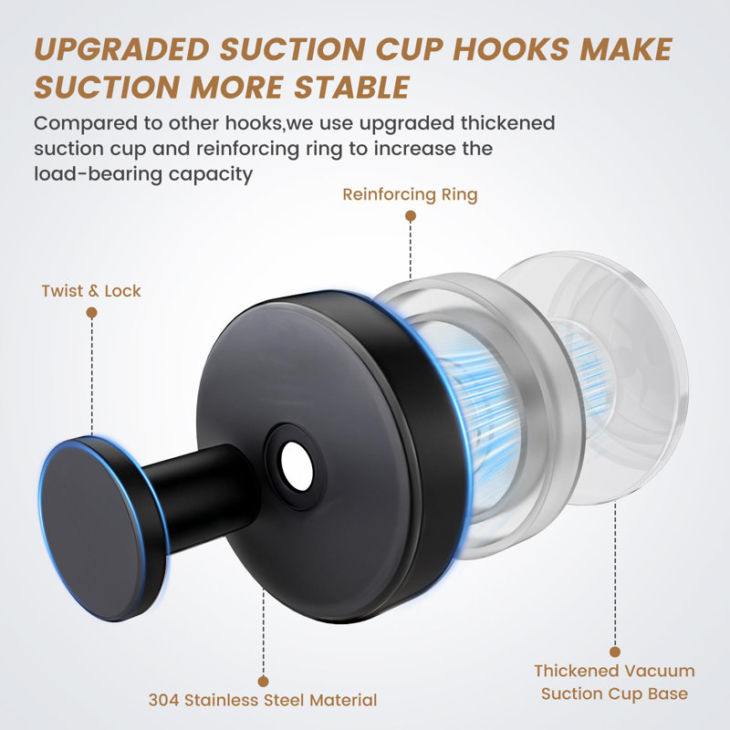 5Kg Strong Suction Cup Hooks, 304 Stainless Steel Bathroom Hooks With Vacuum Adsorption, No Drill Shower Hooks For Tile Glass Mirror, 4 Pack