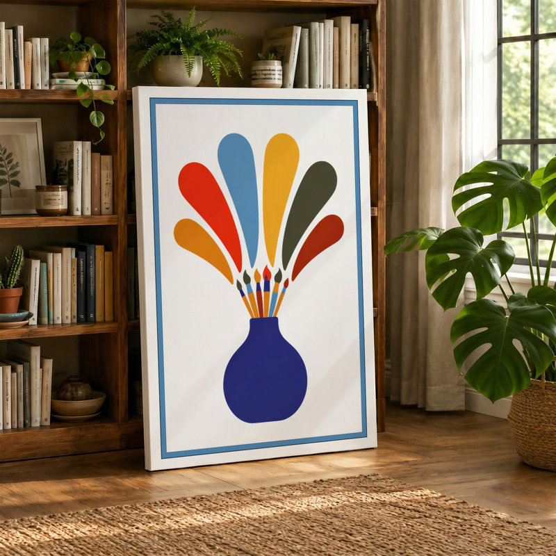 Geometric Vase Burst Mid-Century - Wrapped Canvas, 36x24 - 91.4 x 61.0 cm, Sage Border