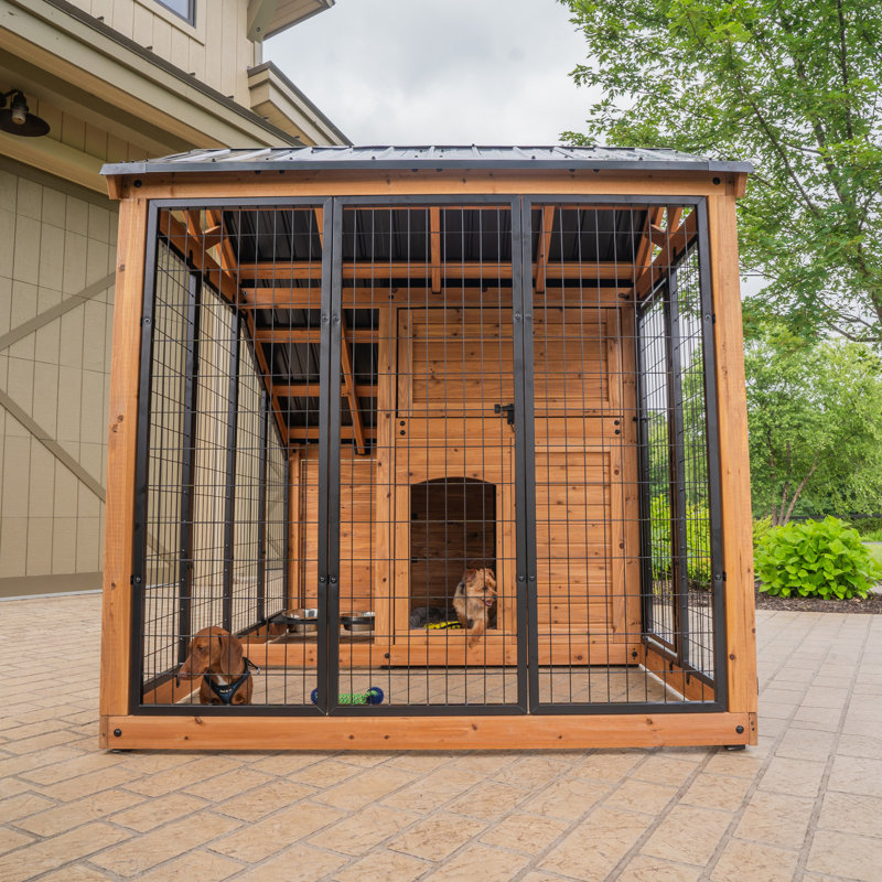 Backyard Discovery Waggin' Retreat Cedar Wood Outdoor Dog Kennel with Galvanized Steel Roof and Easy-Access Feeding Door