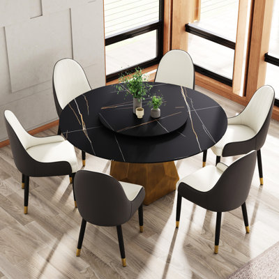Table ronde en marbre artificiel 58,56 "pour 6 - 8, table tournante 31,5", chaises, base en laiton rétro, facile à nettoyer, haute température et métal rotatif polyvalent