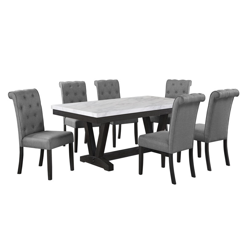 Apicella White Faux Marble Dining Set, Gray, 7 Piece
