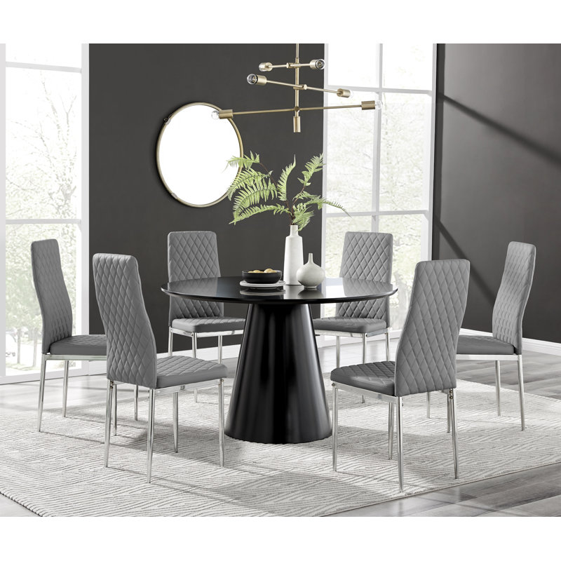 Edward Statement Pedestal Dining Table Set with 6 Luxury Faux Leather Upholstered Dining Chairs, Black, Gray/Silver