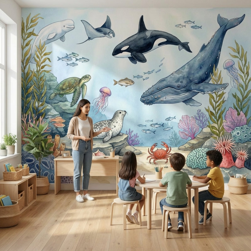 Papier peint sous-marin, aquarelle océanique, 80"x96", Non-Woven Nonpasted