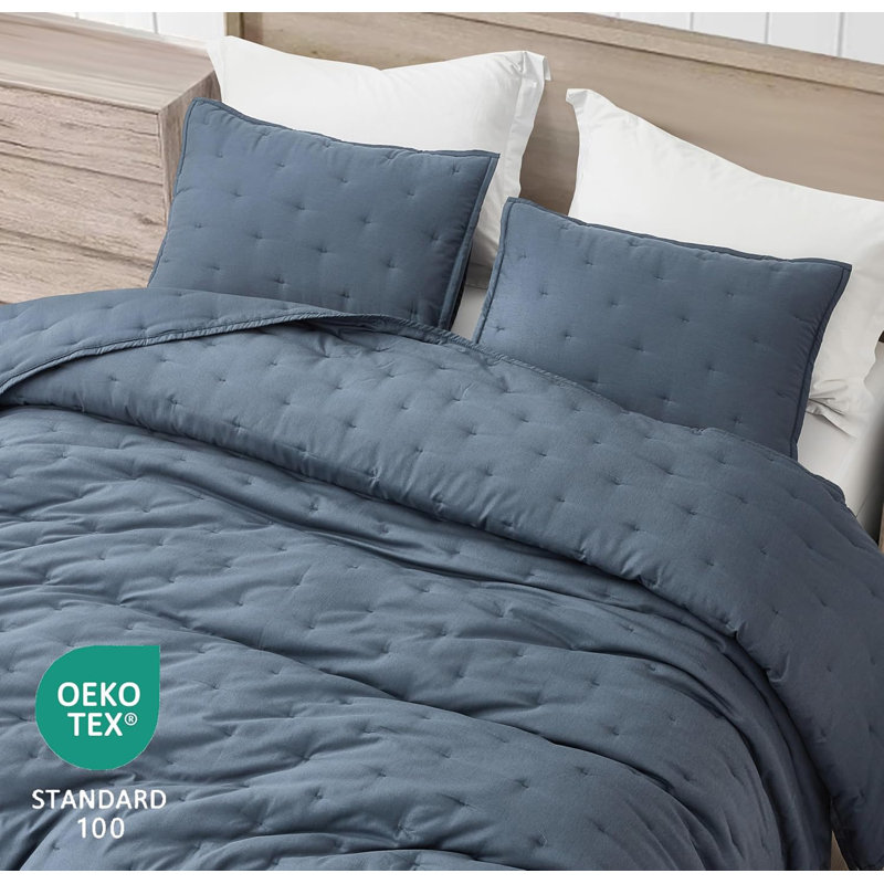 Glen Lightweight Cooling Rayon Derived from Bamboo Blended Crescent Quilt Set, Steel Blue, King Quilt + 2 King Shams