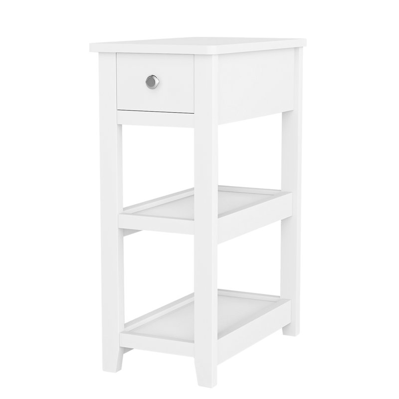 24" Tall End Table With Drawer and Shelves, Narrow Side Table for Small Space, White