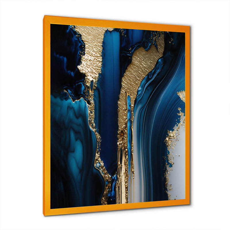 " Abstract Geode Waves Gold II ", Gold Picture Framed Canvas, 16" W x 32" H