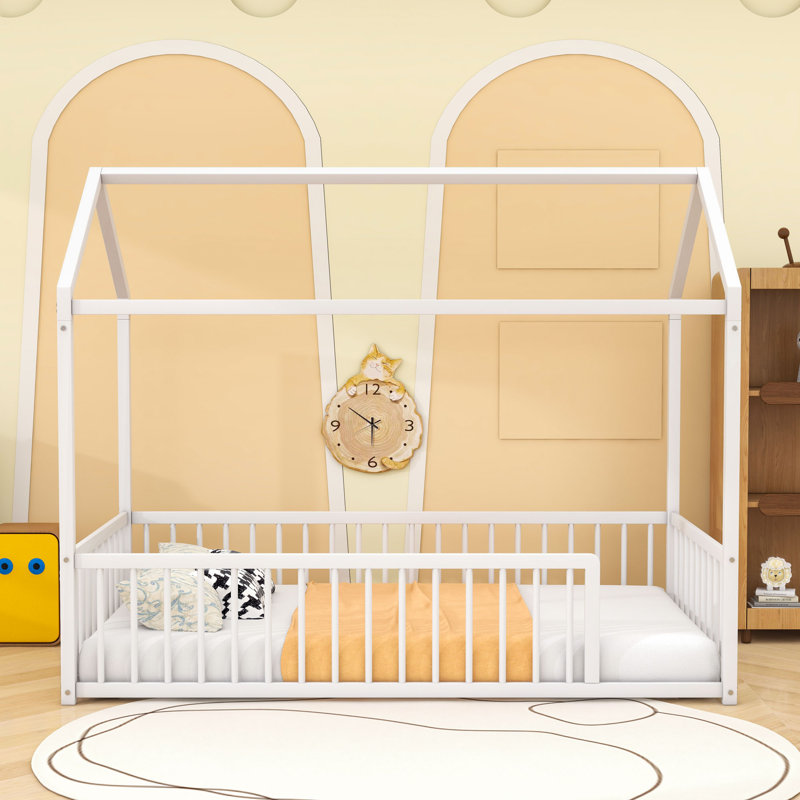 Metal House Shaped Bed With Fence, Twin, White