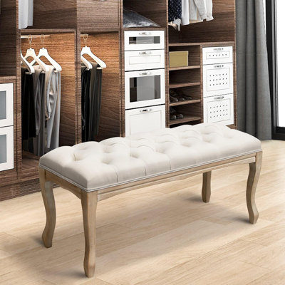 Banc de chambre 43,3 po touffeté de style français avec repose-pieds en lin avec pieds en bois sculpté, beige