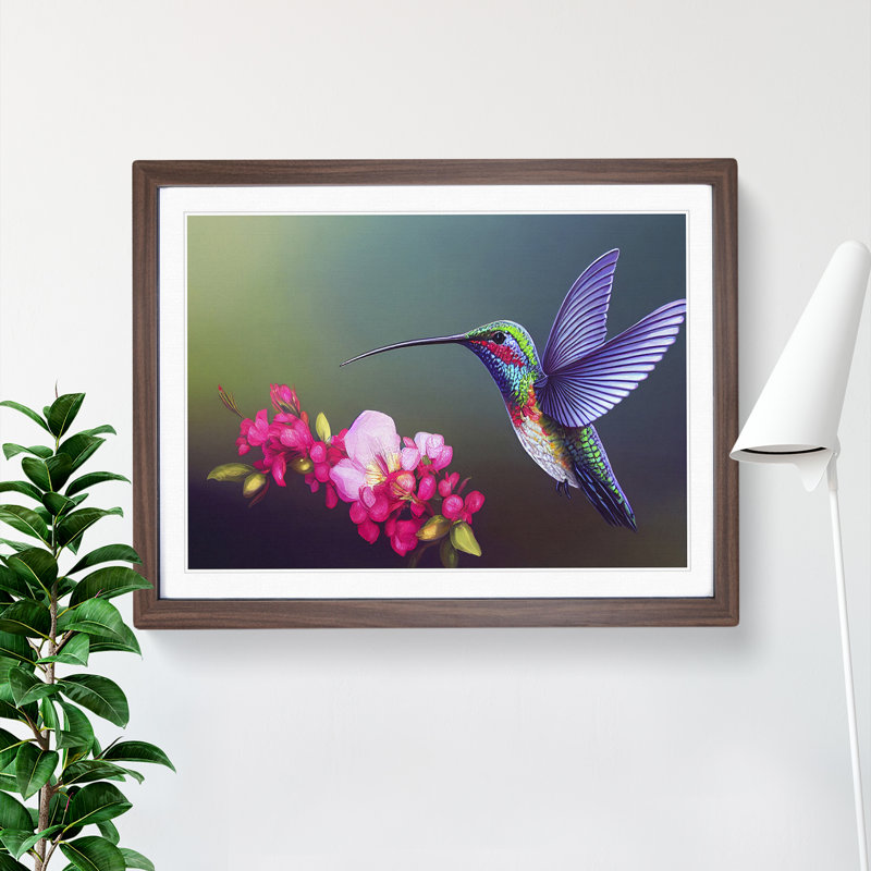 Unreal Floral Hummingbird - Framed Print, 46cm H x 64cm W x 2cm D, Walnut