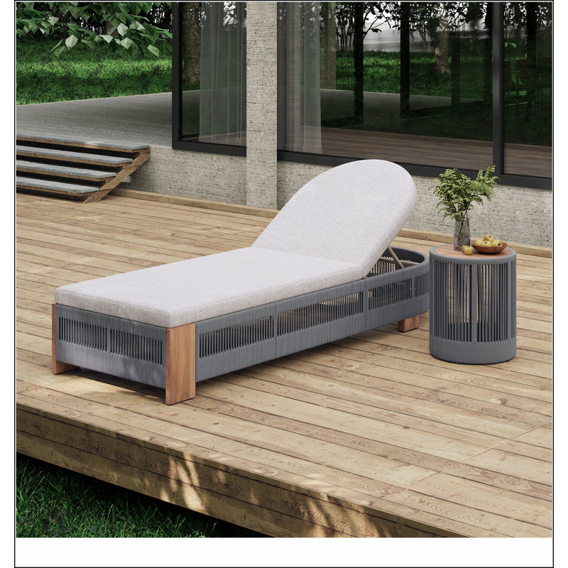 Outdoor Rope Chaise Lounge Set, Patio Lounge Chairs, Outside Poolside Lounge Furniture Set, Teak look wood Side Table and Beige Cushions, Chaise Lounge with Adjustable Backrest