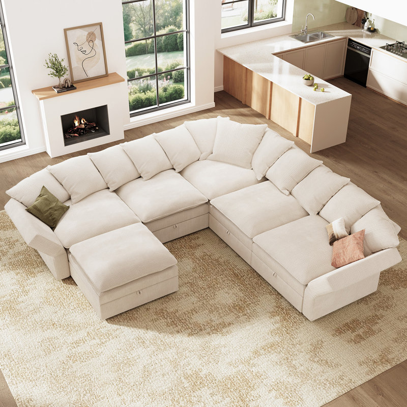 Canapé modulaire en U en velours côtelé avec rangement, Velours côtelé beige, H 28,7 po x l 105,5 po x P 105,6 po