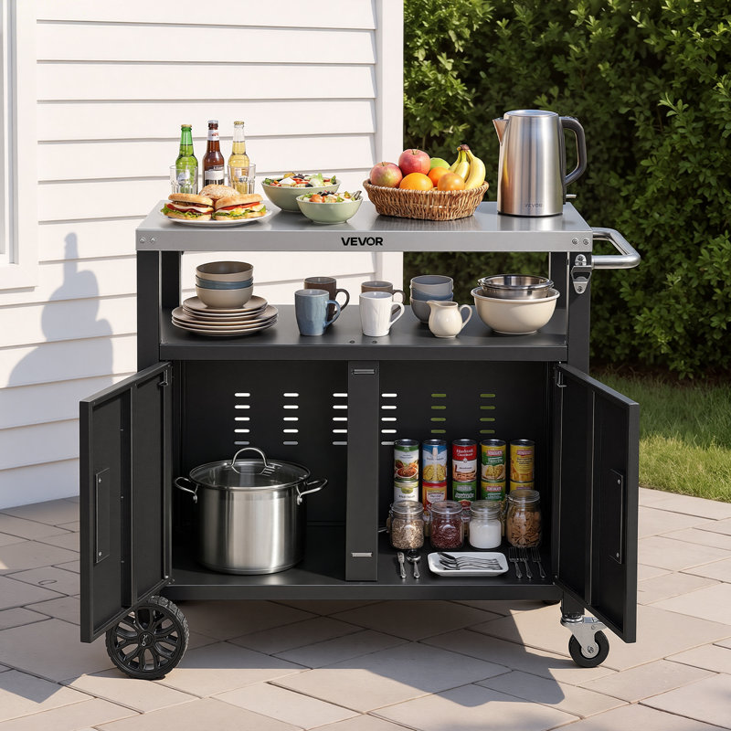 Chariot de barbecue extérieur avec armoire de rangement, table de barbecue de 36,4 pouces, îlot de cuisine imperméable avec plateau en acier inoxydable, tablette et roulettes, station de préparation d'aliments mobile pour barbecue dans la cour