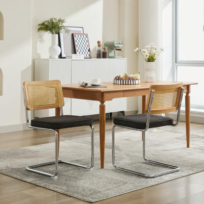 Mid Century Modern Dining Chairs Set Of 2, Velvet Accent Chairs With Natural Cane Back & Stainless Chrome Base, Famous Breuer Designed Chairs, Upholstered Rattan Kitchen Chairs