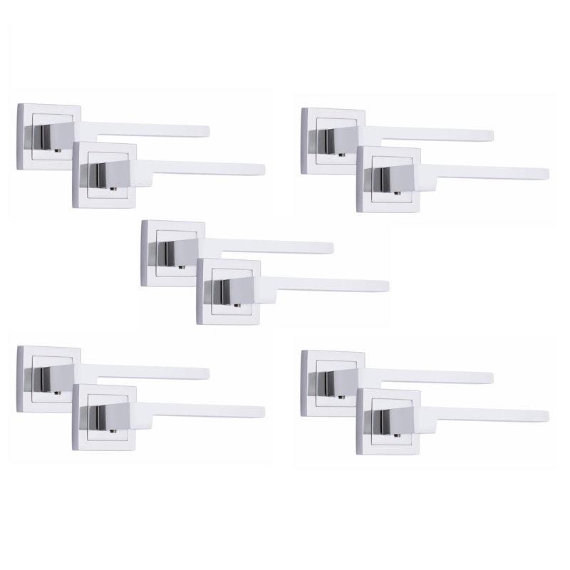 5 Pairs Zeta Premium Design Door Handles on Square Rose in Polished Chrome Finish
