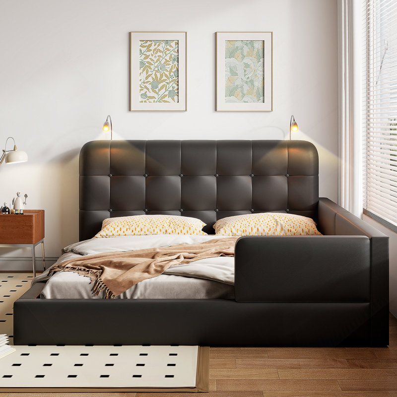 Grand lit plateforme tapissier avec 2 lampes de lecture , Noir