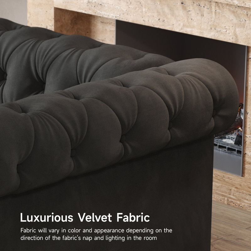 Diba 81.88'' Chesterfield Sofa, Velvet Couch with Rolled Arms, Black
