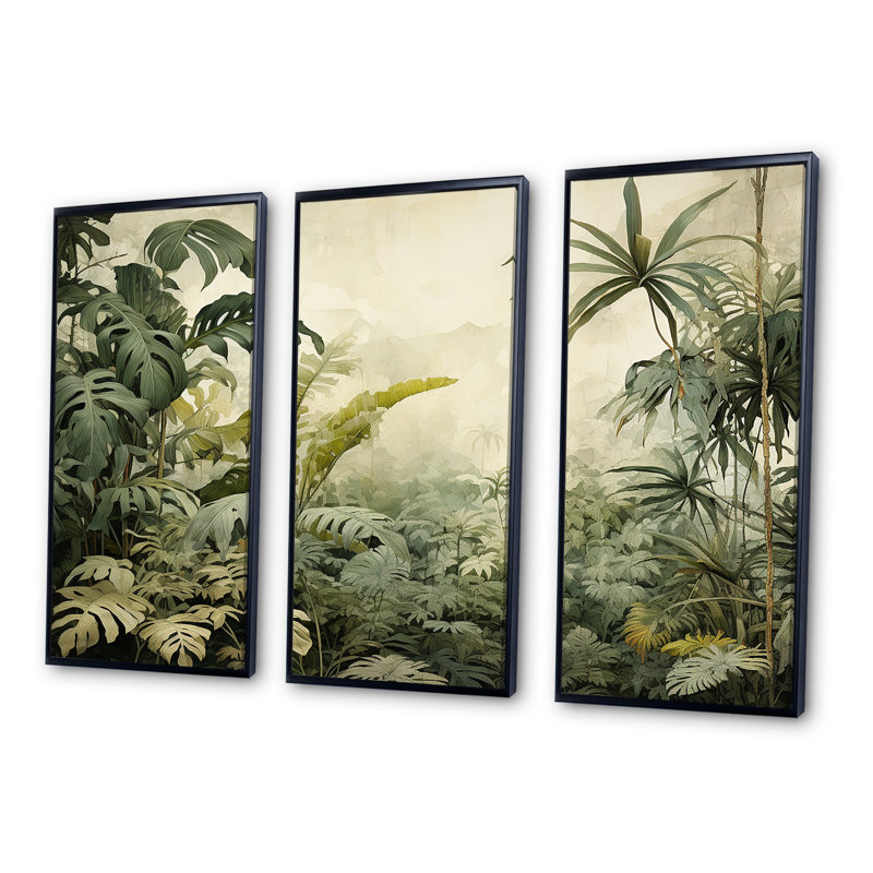 «Vintage Jungle Landscape», ensemble d'art mural sur toile Jungle, Cadre flottant noir, H 40 po x l 60 po x P 1 po