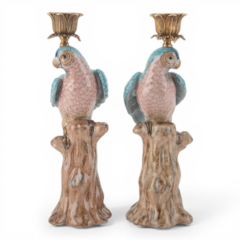 Porcelain Blue Parrot Candle Holder Pair with Bronze Ormolu