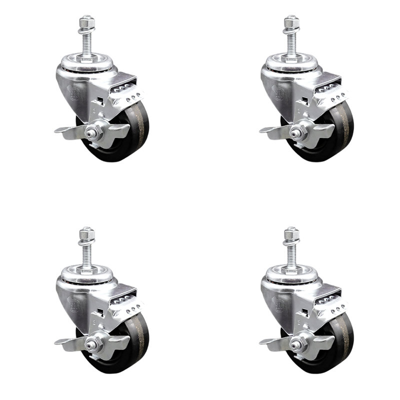 Ensemble de roulettes à tige filetée pivotante de 3,5 pouces de 3,5 mm avec frein SCC