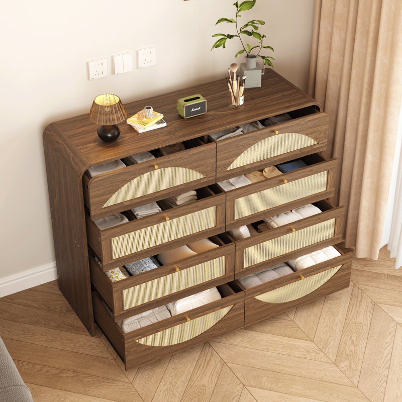 Commode 8 tiroirs avec façade en rotin, commode et armoire de rangement moderne, Walnut