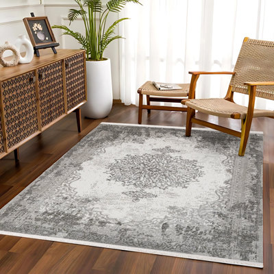 Tapis oriental gris à imprimé numérique tissé antidérapant lavable à la machine