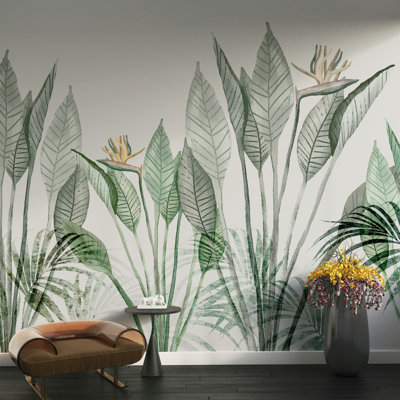 Papier peint feuilles tropicales tropicales en vert doux