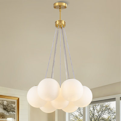 7-Light Mid-Century Modern Bubble Chandelier with White Opal Glass Shades for Dining Room Living Room Bedroom Foyer Kitchen Island