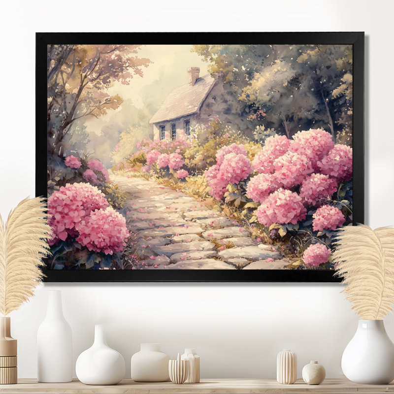 Hortensias par le chemin de pierre IV - hydrangées, art mural, Reproduction encadrée d'une seule photo, H 30 po x l 40 po