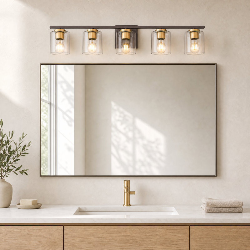 Applique murale de style campagnard à 5 lumières, 92,5 cm de large, avec abat-jour en verre transparent et fini bronze huilé.