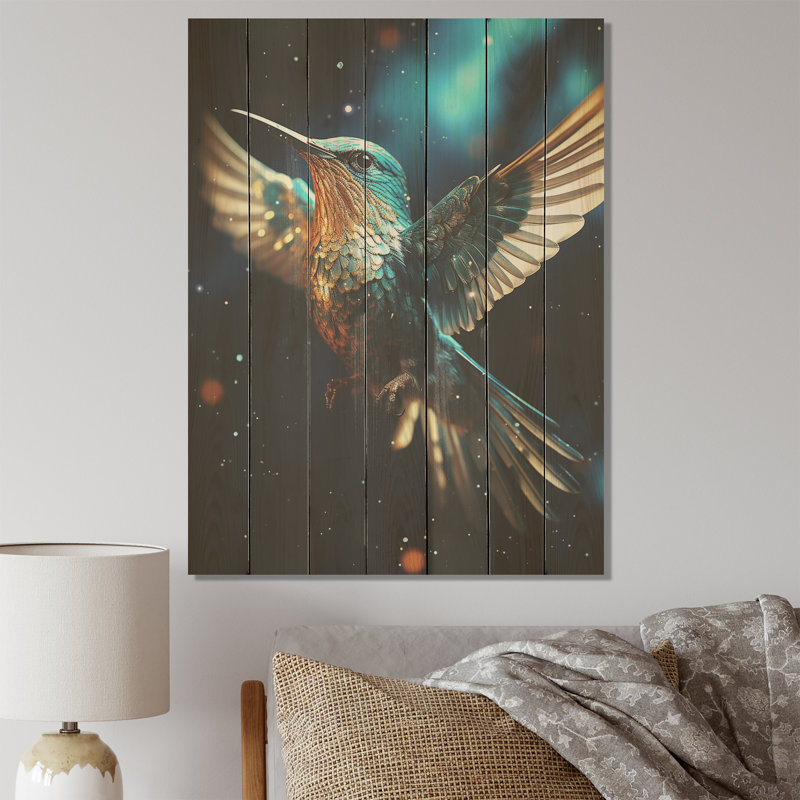 «Blue Fluttering Hummingbird Skies II» - imprimé colibri sur bois, H 32 po x l 24 po