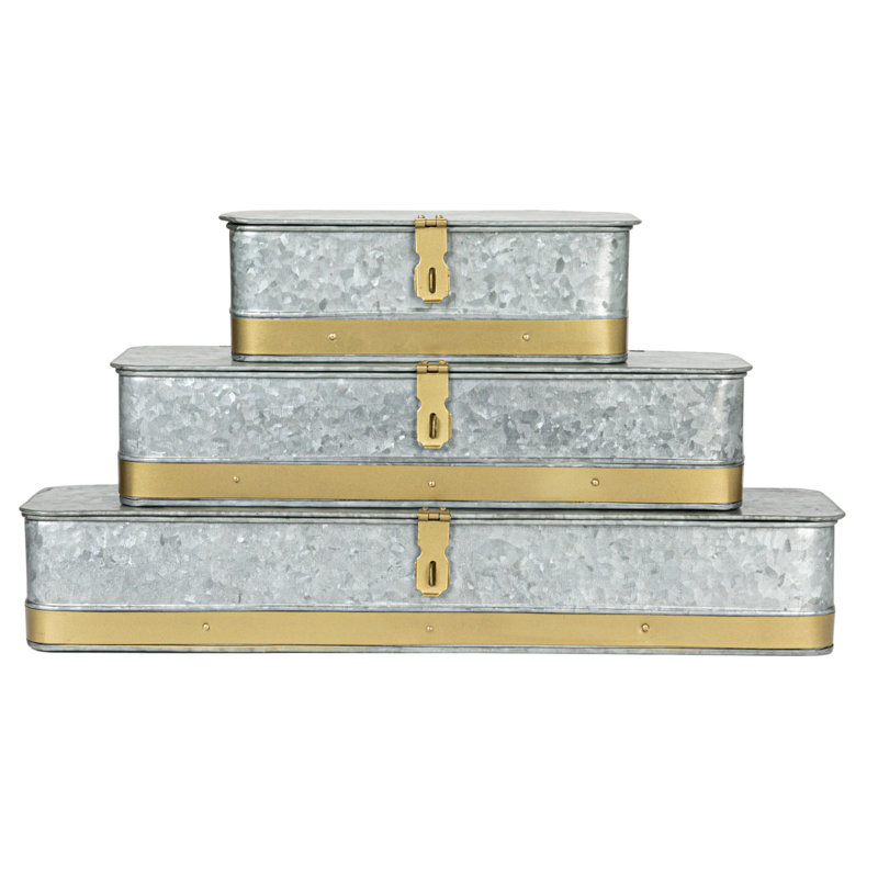 Lesli Long Decorative Metal Boxes with Lid, Silver/Gold