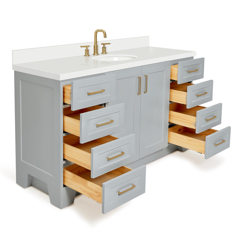 61 IN.  Single Bathroom Vanity, Gray, Oval, White Quartz