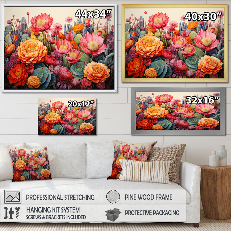 Désert cactus jardin IV - art mural désert, Cadre simple argenté, H 34 po x l 44 po x P 1,5 po
