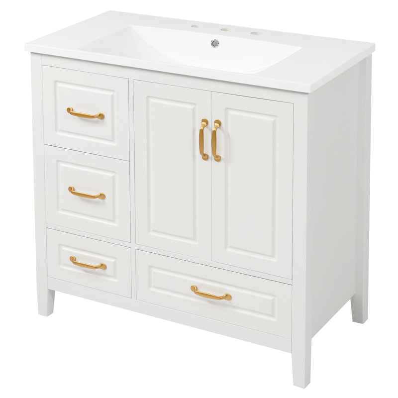 Meuble-lavabo blanc autoportant 36 po avec lavabo en résine intégré, 2 portes, 4 tiroirs, poignées en métal doré, dossier ouvert pour une connexion rapide du drain
