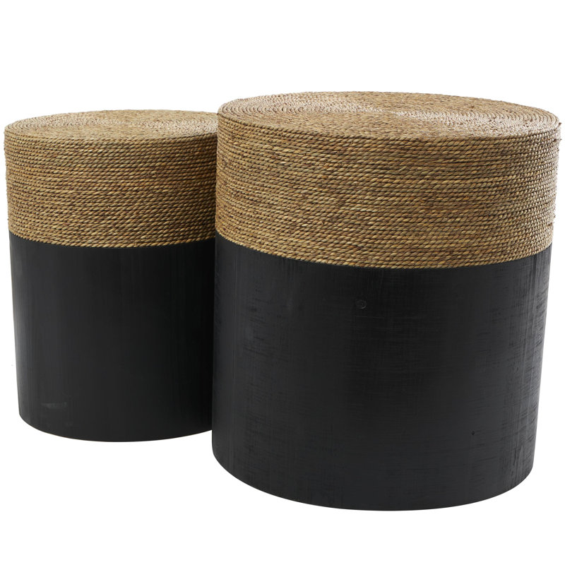 Black Wood Handmade Side End Accent Table with Brown Wrapped Seagrass Tabletops, Set of 2